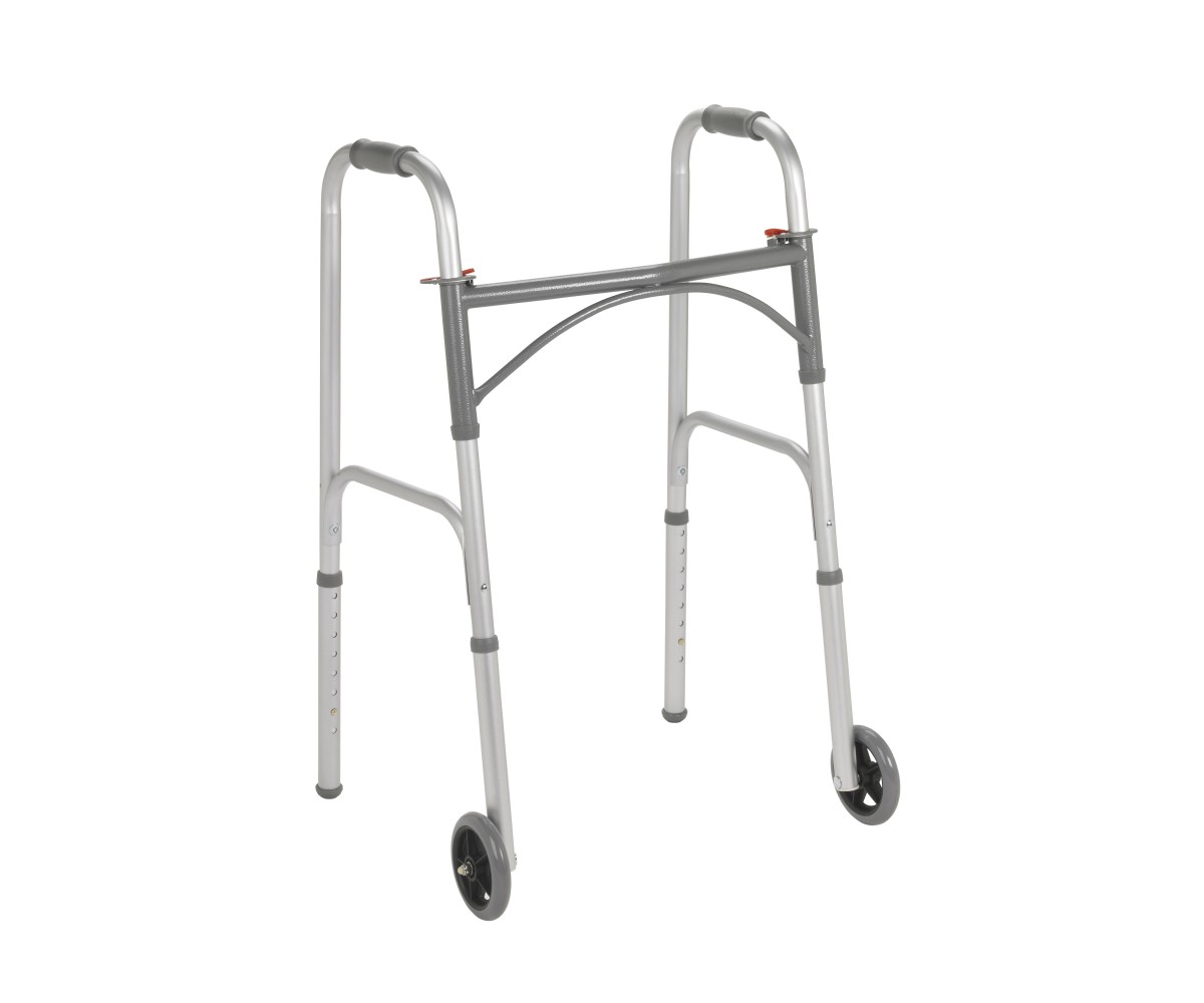 Two Button Folding Steel Walker with 5" Wheels