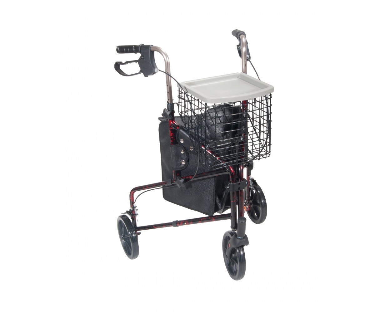 3 Wheel Flame Red Rollator Walker with Basket Tray and Pouch