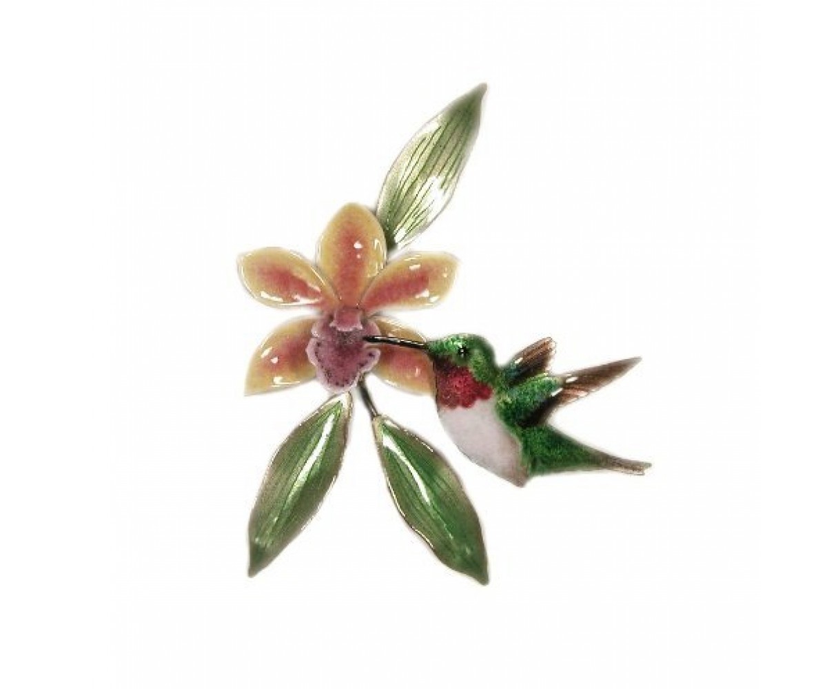 Bovano Enamel Copper Wall Art Hummingbird Orchid Flower