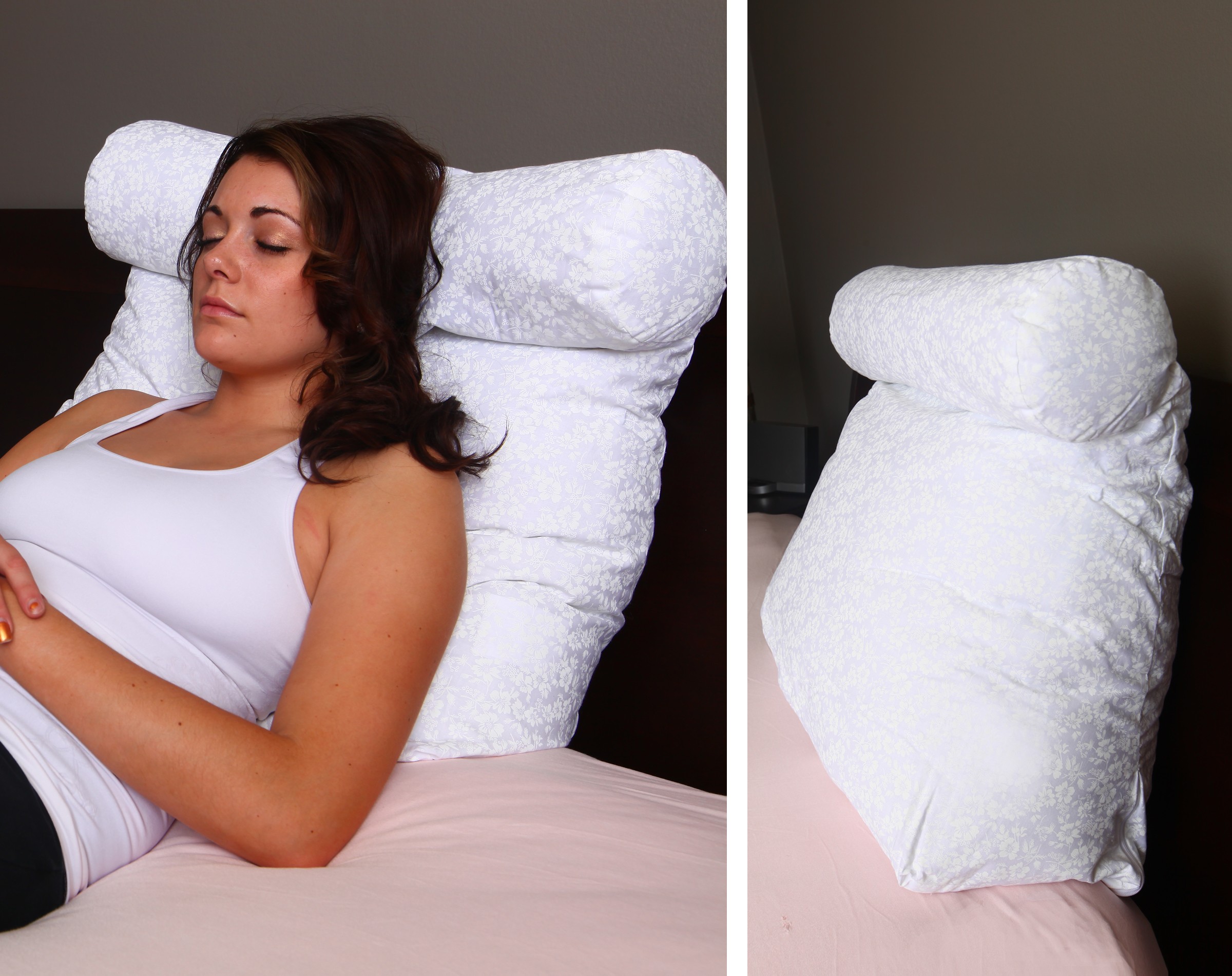 Deluxe Comfort Relax In Bed Pillow - Therapeutic Back  Pillow - Poly-Fiber Foam With Built-In Neck Roll - Reading and Bed Rest  Lounger - Bed Pillow, White