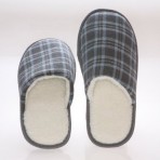 Mens House Slippers -memory Foam - Blue Checkered Cotton -Wool Fleece Lining