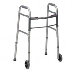 DMI Two-Button Release Aluminum Folding Walker With 5" Non-Swivel Wheels, Silver