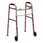 DMI Two-Button Release Aluminum Folding Walker With 5" Non-Swivel Wheels, Pink