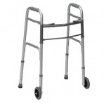 Two-Button Release Aluminum Folding Walkers w/ Non-Swivel Wheels, Silver