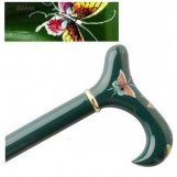 Hand Painted Wood Cane With Derby Handle - Green Butterflies