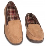 Deluxe Comfort Mens Faux Suede Memory Foam Dress Slipper, Size 9-10 - Warm And Stylish Tartan Plaid Fleece Lining - Durable Non-Marking Ruber Sole - Soft Faux Suede Outer - Mens Slippers, Camel Brown